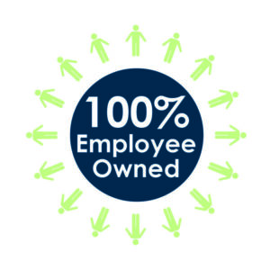 circle with text 100 percent employee owned, with people encircling the image and message