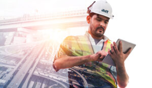 Future building construction engineering project concept with double exposure graphic design. Building engineer, architect, or construction worker working with modern civil equipment technology.