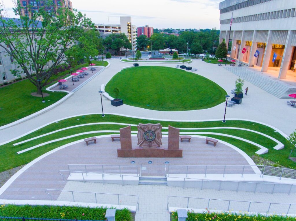 Patriot plaza, grassy gathering area