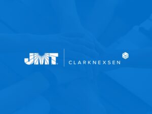 JMT and Clark Nexsen logos are in white and divided by a white centered line. Blue background with faded hands stacked.