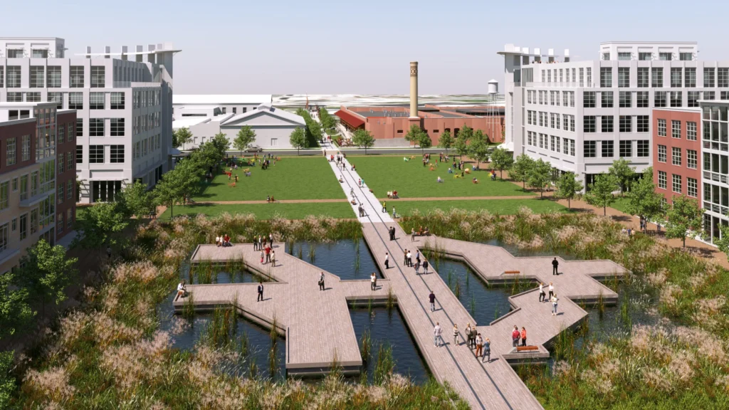 Overhead rendering of people mingling on the deck, grassy area, buildings