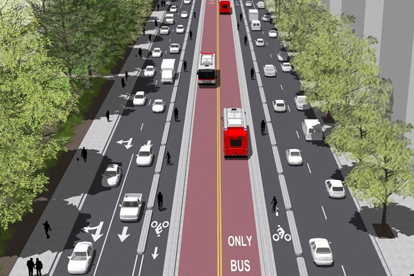 Rendering of a 6 lane road with a bus and bike lanes in the middle