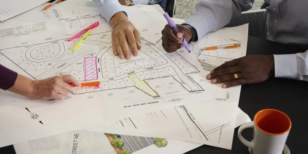 people highlighting and pointing at site plans on a table
