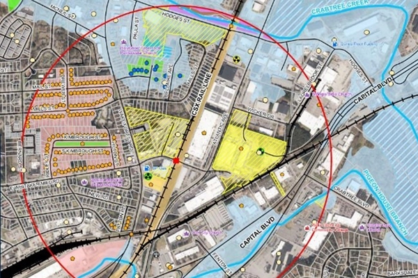Colorful map with a red boundary circle