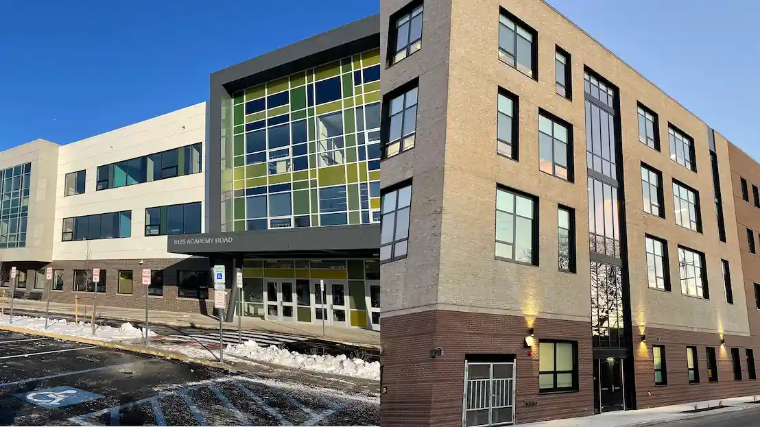 AMY at James Martin and Thomas Holme Elementary School Exterior shot of the AMY at James Martin and Thomas Holme Elementary School buildings.