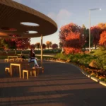 Rendering image of people sitting and walking under the pavillion