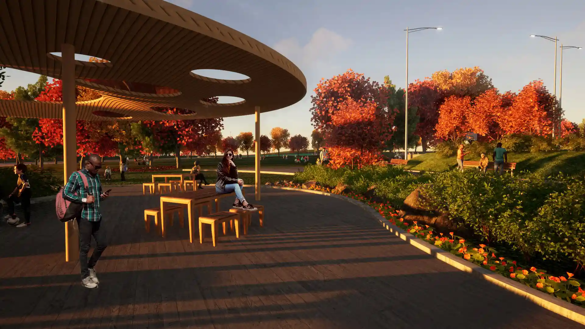 Over the Shoulder Pavilion View Rendering image of people sitting and walking under the pavillion